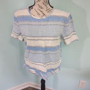 Lou & Grey Linen Blend Boxy Shirt Blue Ivory Grey Stripe Short Sleeve medium